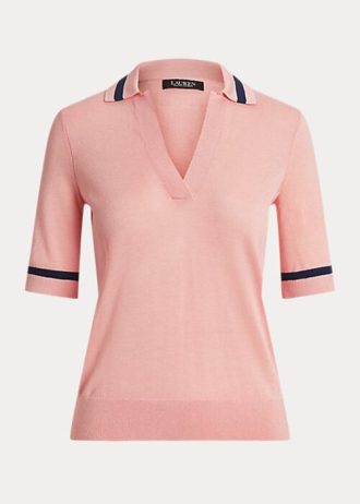 Suéteres de manga curta Ralph Lauren femininos em mistura de seda rosa