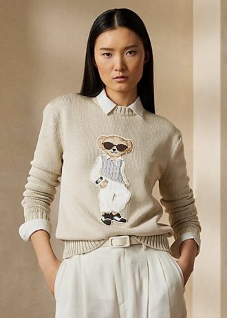 Suéteres de seda Ralph Lauren Cable Bear femininos bege