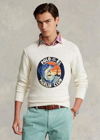 Suéteres masculinos brancos Ralph Lauren com estampa gráfica de algodão e linho