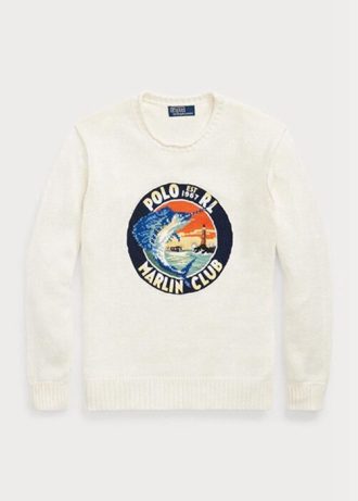 Suéteres masculinos brancos Ralph Lauren com estampa gráfica de algodão e linho