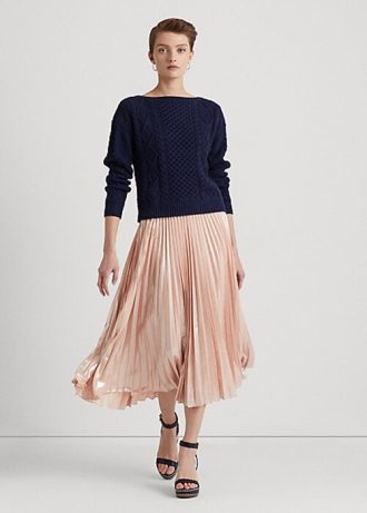 Suéteres Ralph Lauren Aran-Knit de algodão com gola canoa feminino azul-marinho