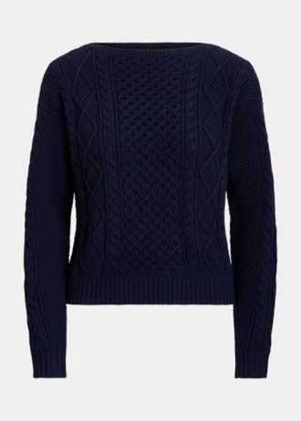 Suéteres Ralph Lauren Aran-Knit de algodão com gola canoa feminino azul-marinho
