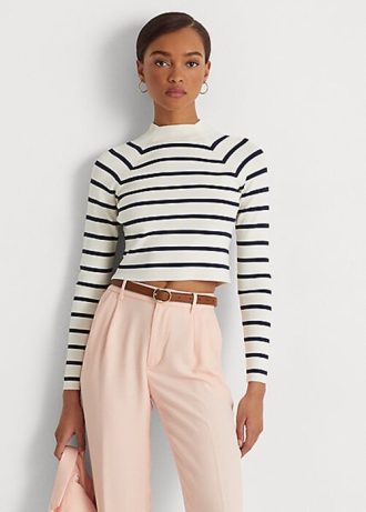 Suéteres Ralph Lauren Cropped Listrados de Gola Mockneck Feminino Creme/Marinho
