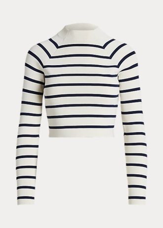 Suéteres Ralph Lauren Cropped Listrados de Gola Mockneck Feminino Creme/Marinho