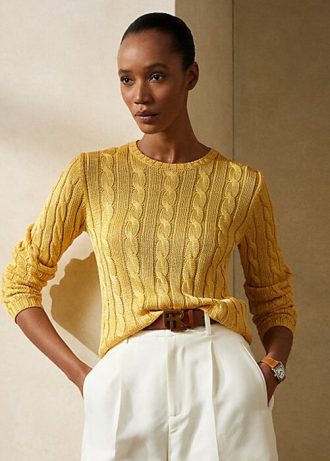 Suéteres Ralph Lauren de malha trançada de seda com gola redonda femininos amarelos