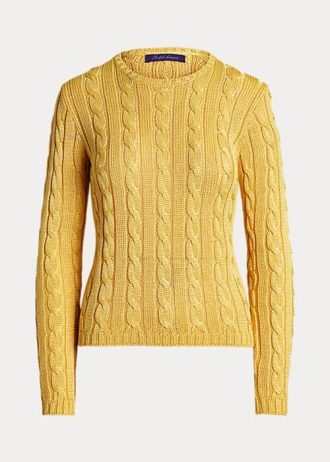 Suéteres Ralph Lauren de malha trançada de seda com gola redonda femininos amarelos