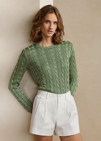 Suéteres Ralph Lauren de malha trançada de seda com gola redonda para mulheres verdes