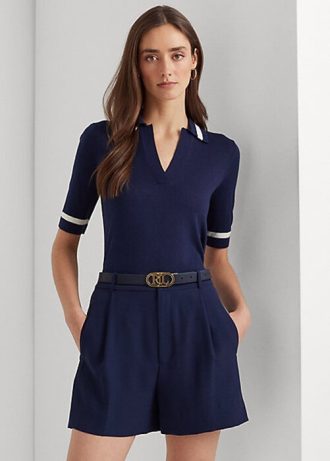 Suéteres Ralph Lauren de manga curta em mistura de seda azul-marinho feminino