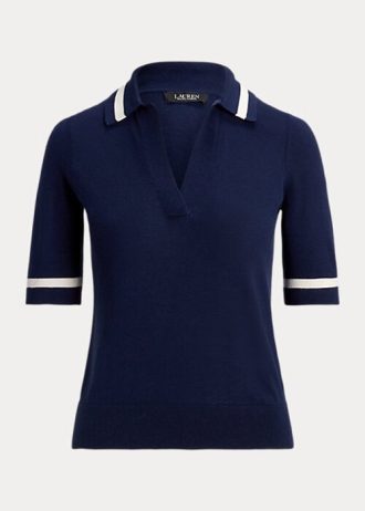 Suéteres Ralph Lauren de manga curta em mistura de seda azul-marinho feminino