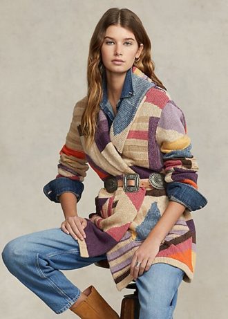 Suéteres Ralph Lauren femininos multicoloridos com estampa geométrica e xale em mistura de linho