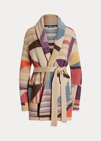 Suéteres Ralph Lauren femininos multicoloridos com estampa geométrica e xale em mistura de linho