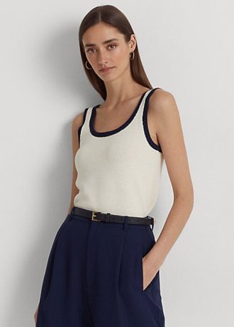 Suéteres Ralph Lauren femininos sem mangas, em mistura de algodão, creme/azul-marinho