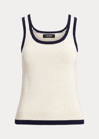 Suéteres Ralph Lauren femininos sem mangas, em mistura de algodão, creme/azul-marinho