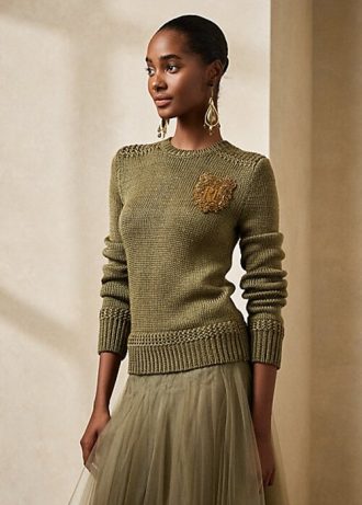 Suéteres Ralph Lauren femininos verdes com gola redonda e detalhes em mistura de seda