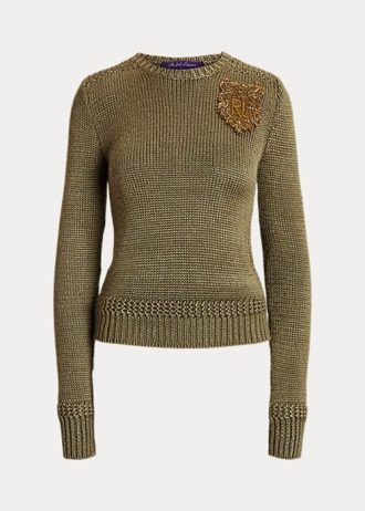Suéteres Ralph Lauren femininos verdes com gola redonda e detalhes em mistura de seda