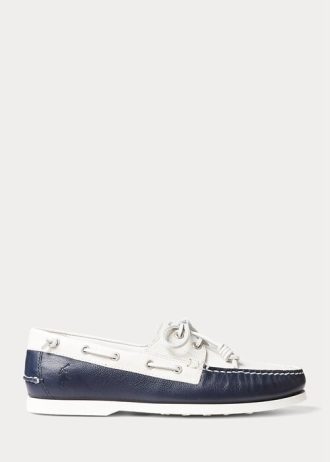 Tênis casual Ralph Lauren Merton bicolor de couro masculino, creme/azul marinho