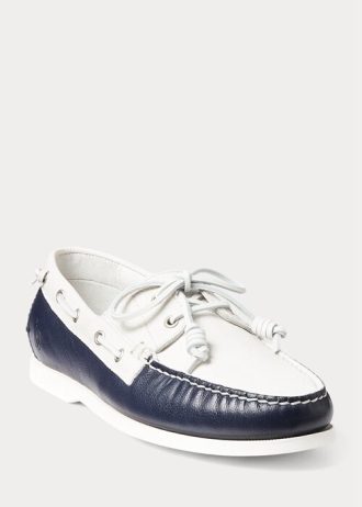 Tênis casual Ralph Lauren Merton bicolor de couro masculino, creme/azul marinho